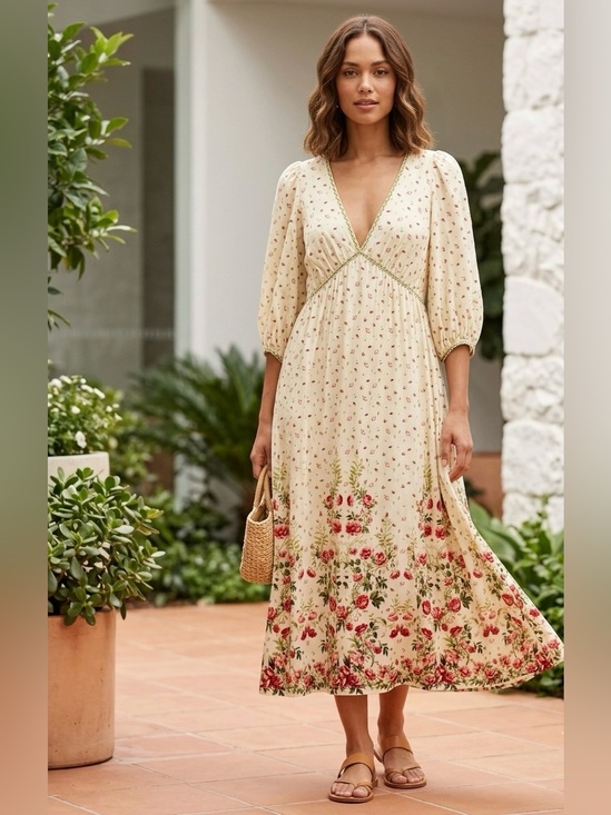 Max Studio Dresses & Skirts - Cottagecore Floral Puff Sleeve Midi Dress Cream Red Rose Bohemian Romantic NWT L